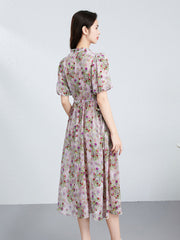 Purple Floral Silk Wrap Dress with Puff Sleeves for Summer