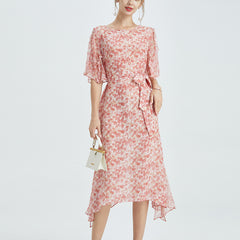 Vestido midi de seda floral de verano con mangas de aleteo