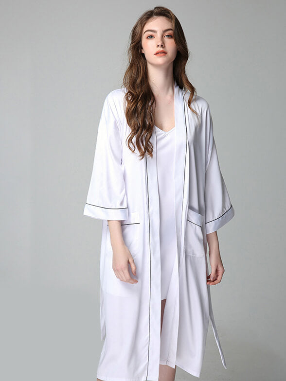 Piped Long Brides and Bridesmaids Silk Nightgown and Robe Set