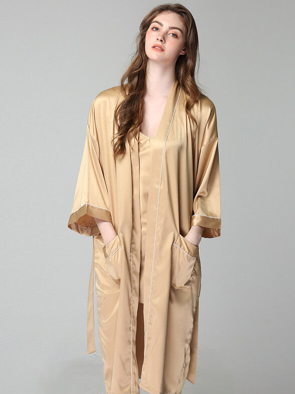 Piped Long Brides and Bridesmaids Silk Nightgown and Robe Set