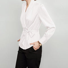 V Camisa de seda de blusa de seda pura en V cuello con cinturón para mujeres