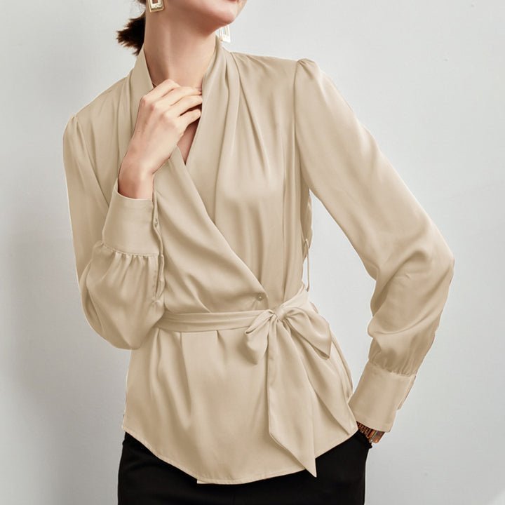 V Neck Pure Silk Blouse Silk Top Shirt With A Belt for Women