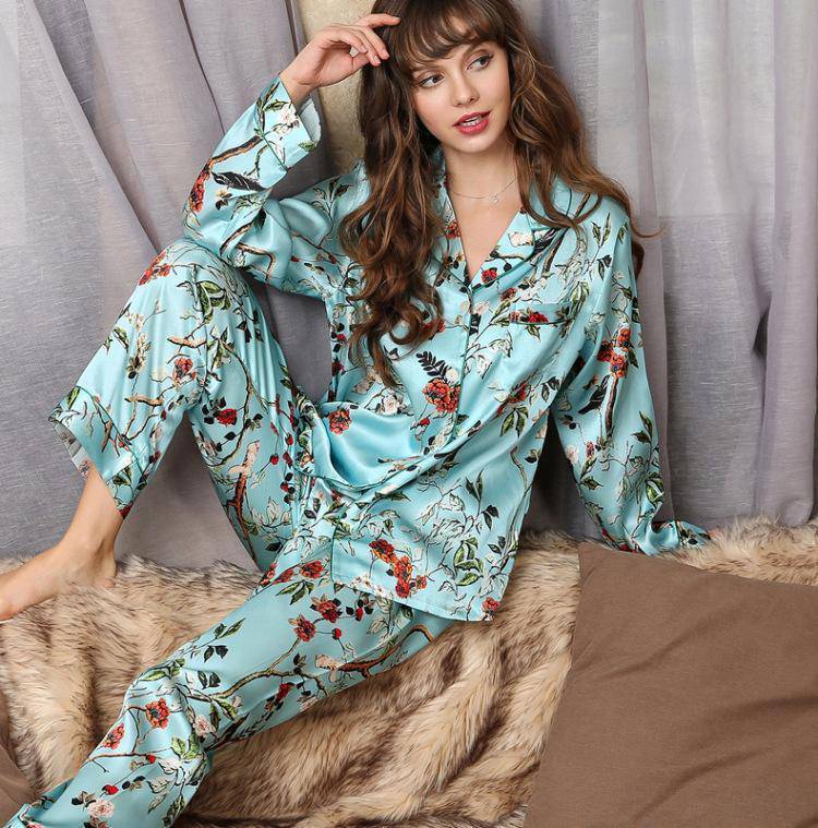 Pijamas de seda con estampado de flores de calidad para mujer, conjunto de pijama de seda de morera de lujo de manga larga