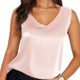 V Neck Summer Silk Shirt Ladies Sleeveless Blouses Silk Tops