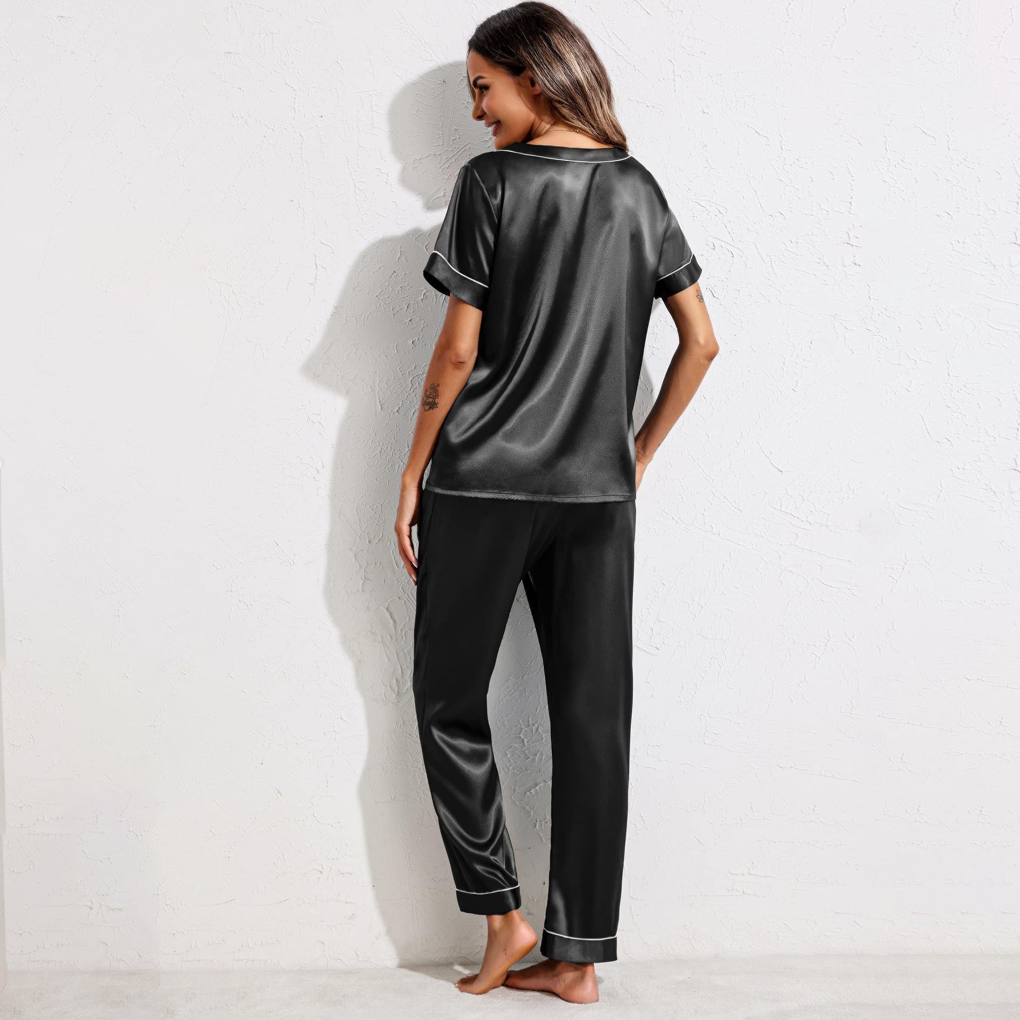 V-Neck Short Sleeve Silk Pajama Sets Sleepwear For Women