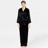 Conjunto de pijama y bata de seda para dormir de seda de manga larga de color sólido clásico