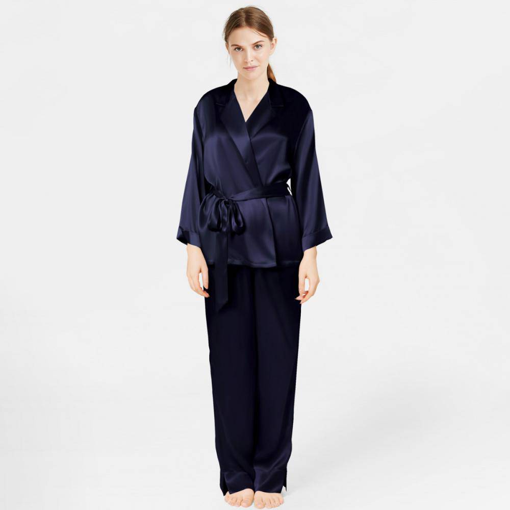 Classic Solid Color Long Sleeve Silk Sleepwear Silk Robe And Pajama Set