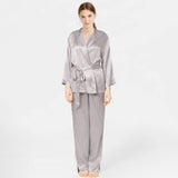 Classic Solid Color Long Sleeve Silk Sleepwear Silk Robe And Pajama Set