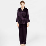 Conjunto de pijama y bata de seda para dormir de seda de manga larga de color sólido clásico