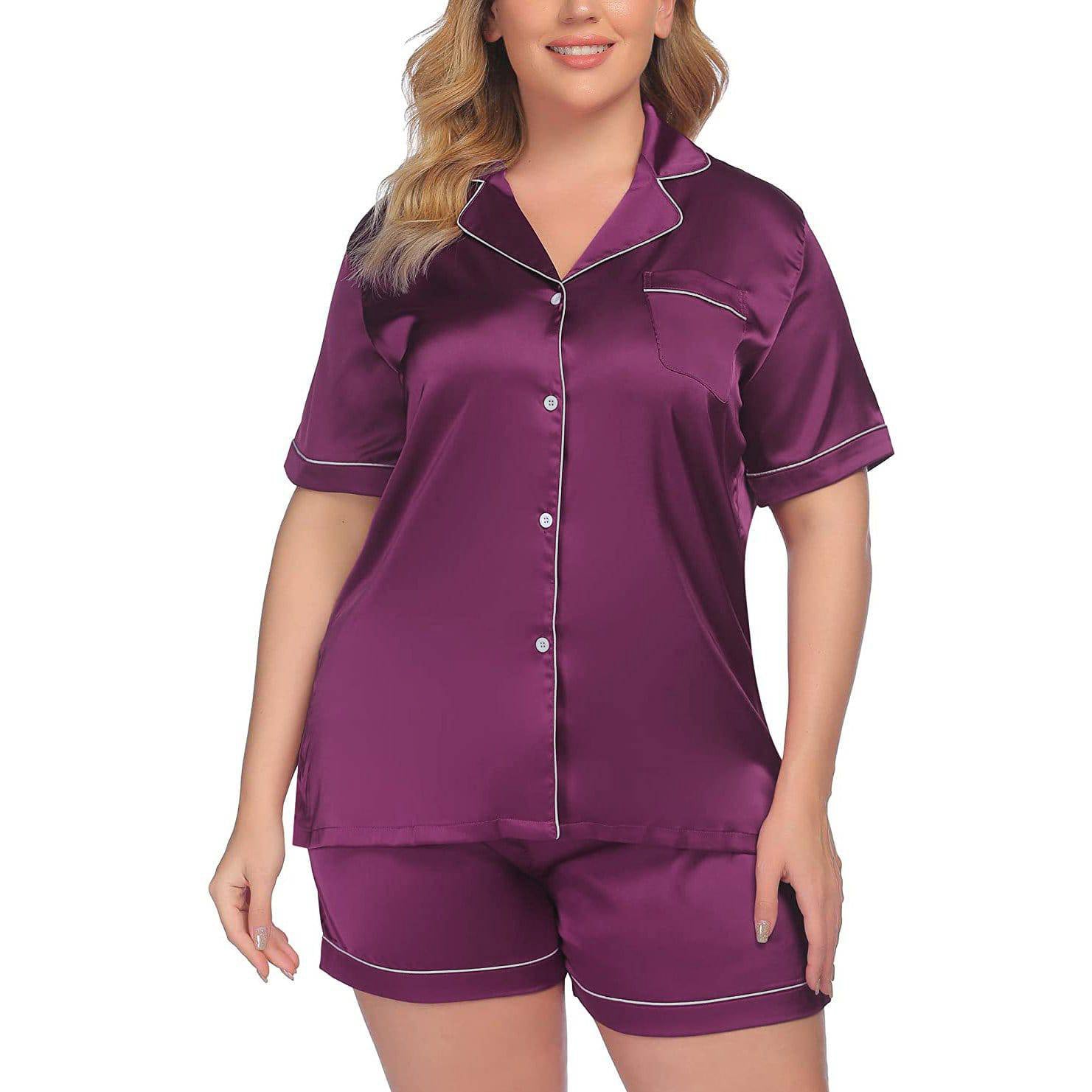 Women's Plus Size Silk Pajama Set Short Sleeve Silk Sleepwear Silk Loungewear Sets