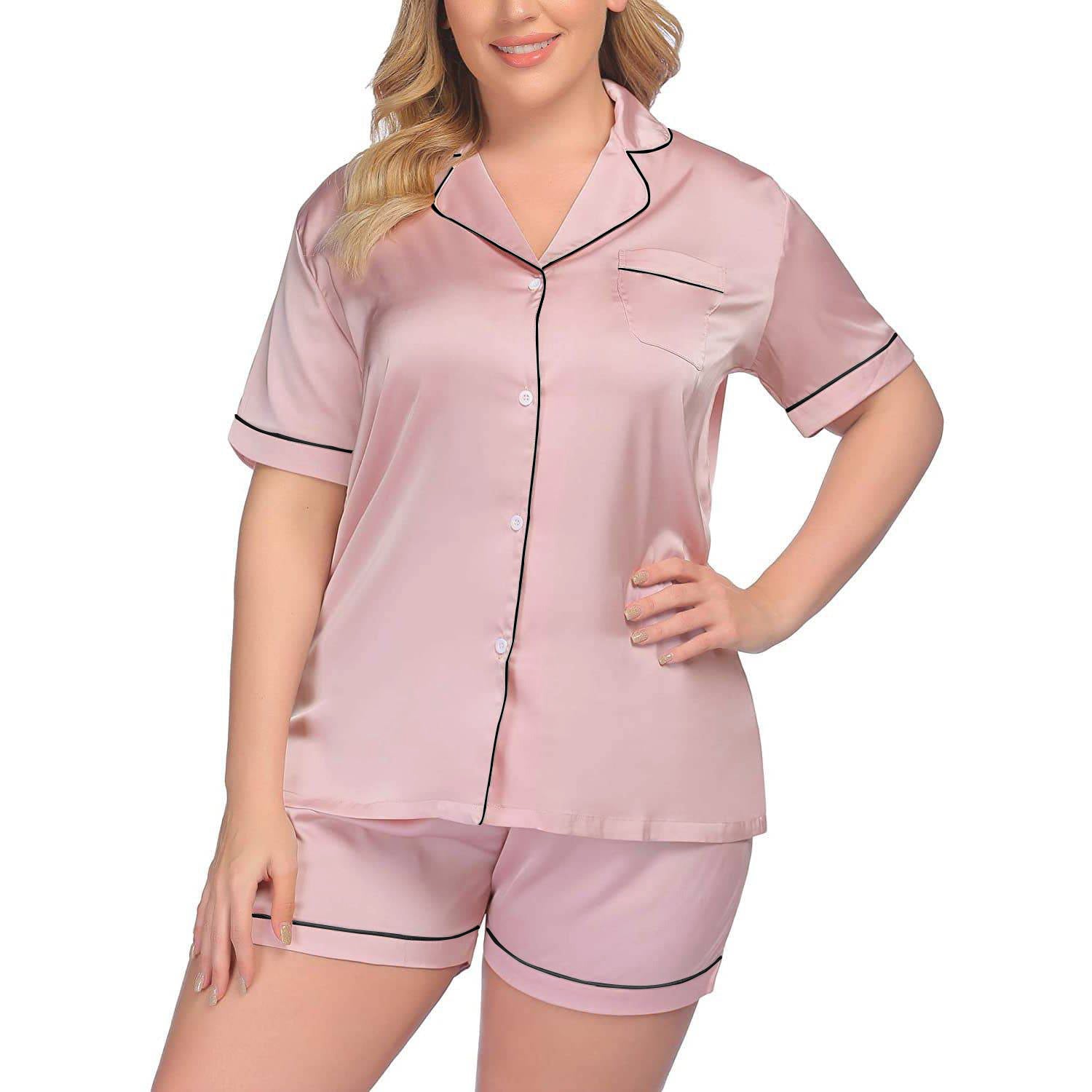 Women's Plus Size Silk Pajama Set Short Sleeve Silk Sleepwear Silk Loungewear Sets