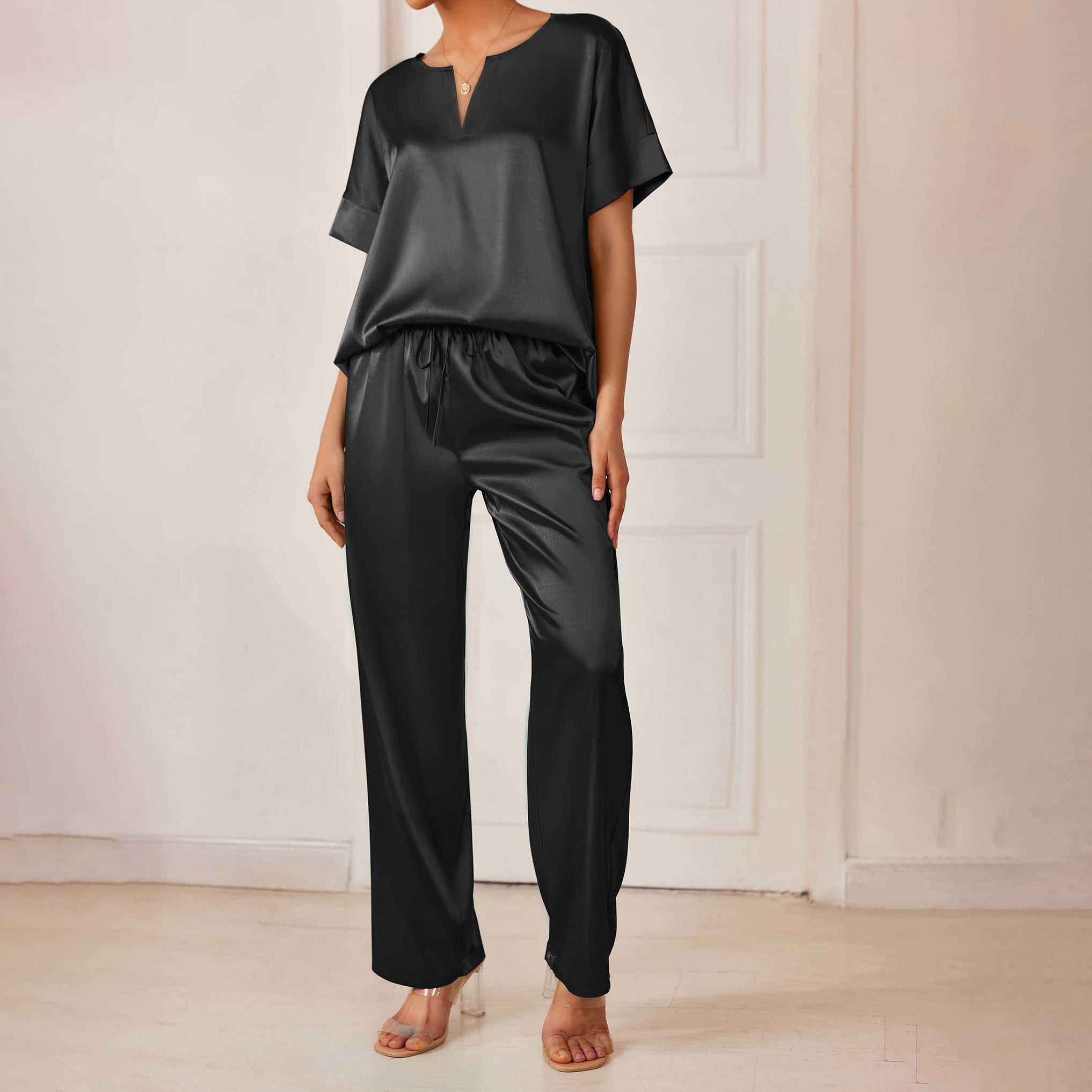 V-Neck Cami  Long Set Silk Pajamas  Silk  Sleepwear For Women