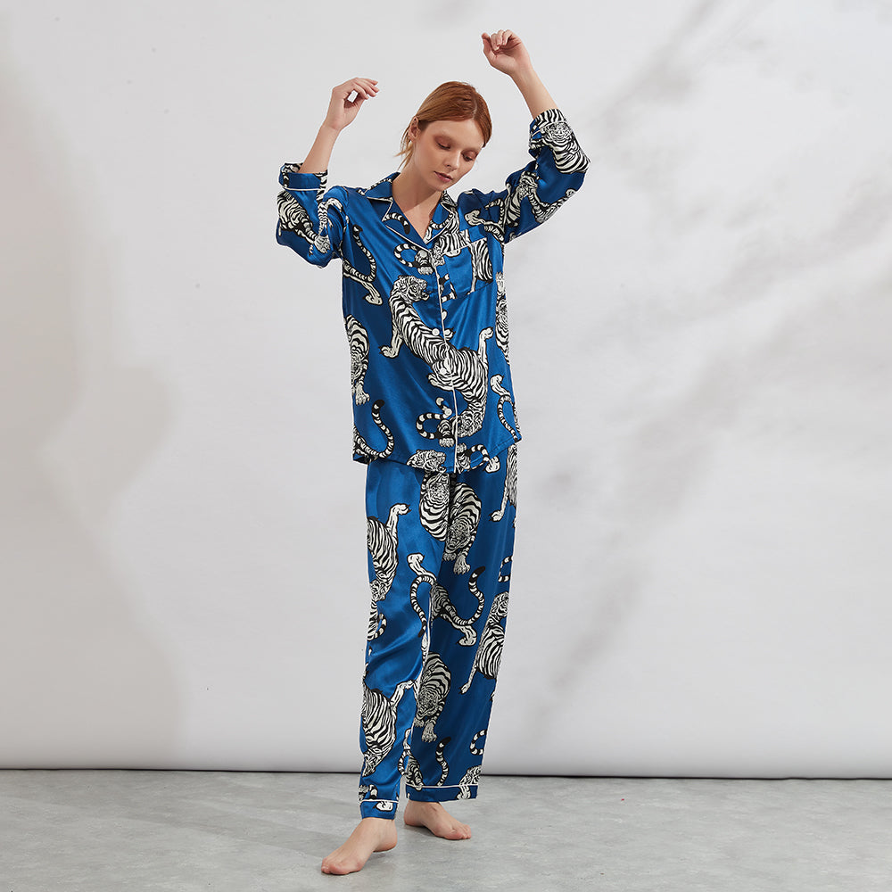 Tiger-Seiden-Pyjama-Set für Damen, Maulbeer-bedruckter Seiden-Pyjama
