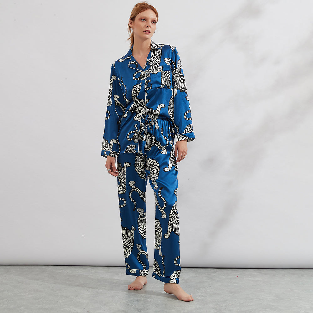 Conjunto de pijama de seda con estampado de tigre para mujer
