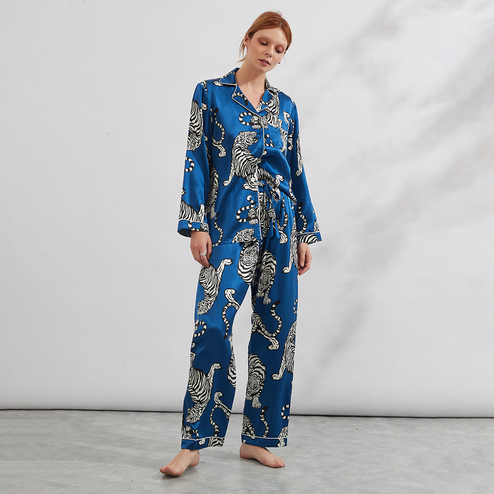 tiger lily pyjamas Womens 100% Silk Pajama Set Bold Tiger Print Sleepwear Silk Set Navy Blue / XXL