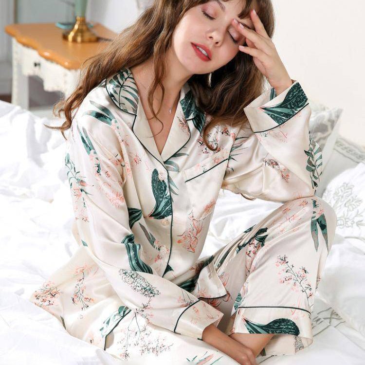 Conjunto de pijama de seda de lujo para mujer, ropa de dormir larga de seda de morera con estampado de flores, el mejor