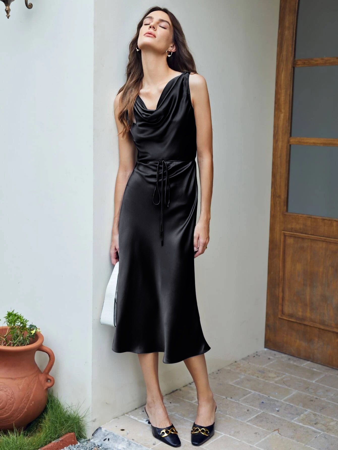 100% Silk Cowl Neck Sleeveless One Piece Dress With Belts – DIANASILK