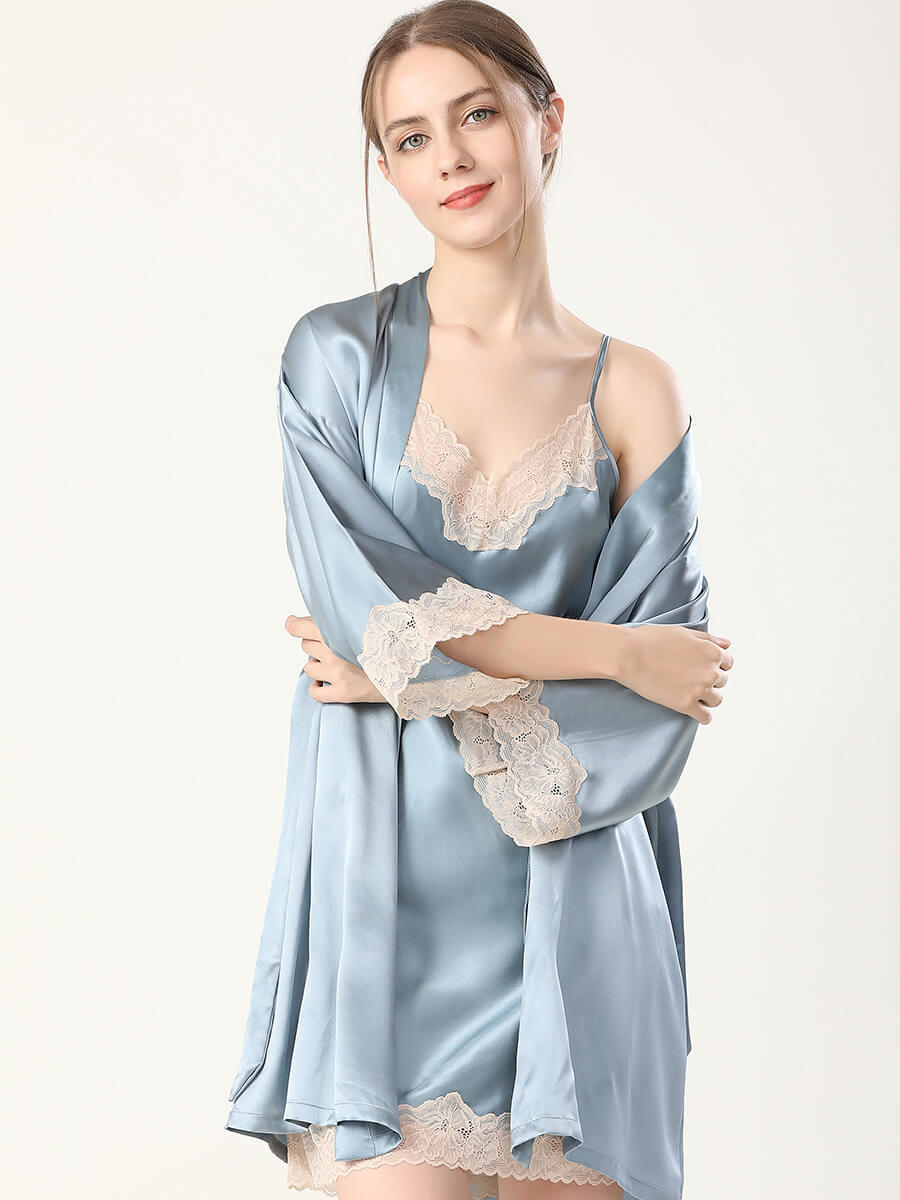 22 Momme Fancy Silk Lace Chemise Nightgown And Robe Set