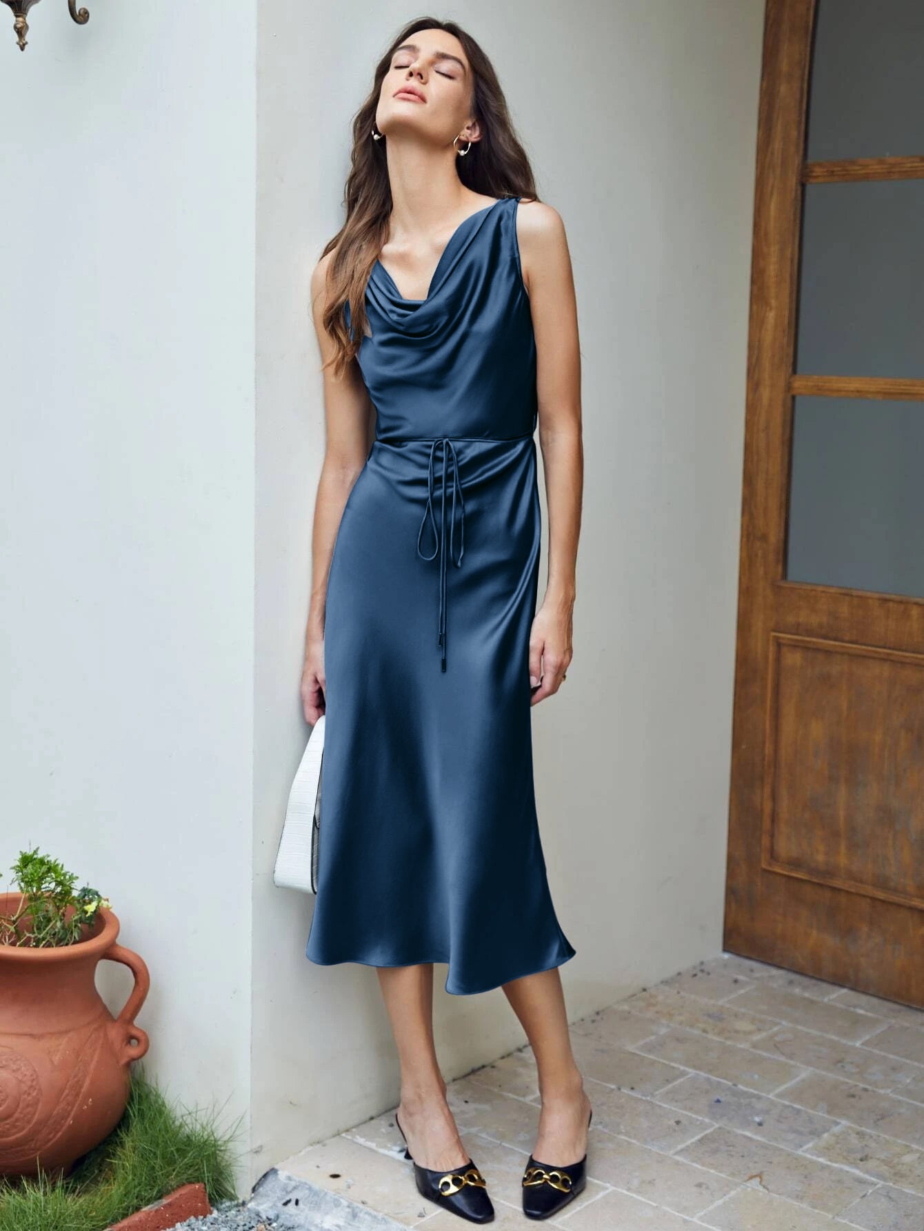 silk cloth dress Luxury Silk Dresses Cowl Neck Sleeveless Silk Midi Dress Dark Blue / L