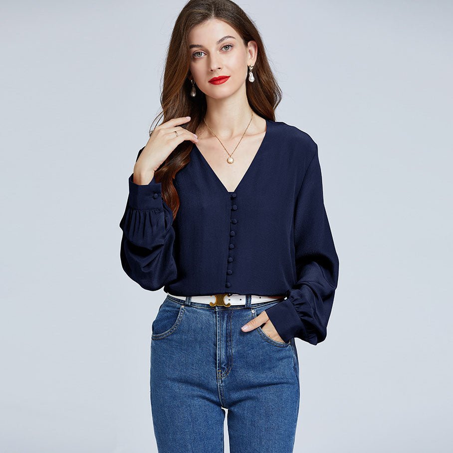 V Neck 100%  Mulberry Silk Shirts  Long Sleeve Silk Top Blouse For Women