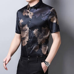 Luxury 100% Silk Floral Printed Design Short Sleeve Shirt for Men