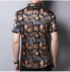Casual Wear Men’s Ginkgo Leaf Print Silk Short-Sleeve Shirt