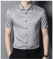 Modern Casual Men’s Geometric Print Silk Short-Sleeve Shirt Silk Top