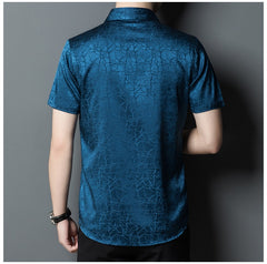 Men’s Cracked Texture  Short-Sleeve Silk Shirt Button Up Silk Top