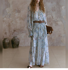 Vintage Floral Chiffon Maxi Waist-cinching Boho Long Sleeve Dress