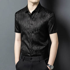 100% Silk Men’s Black Textured Luxury Modern Button-Down Short Sleeve Shirt