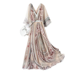 Flowing V-Neck Beach Vacation Bohemian Printed Vintage Silk Dress