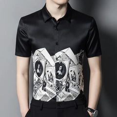 100% Silk Men’s Black Graphic Print Short Sleeve Button-Down Shirt