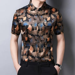 Casual Wear Men’s Ginkgo Leaf Print Silk Short-Sleeve Shirt