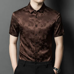 Men’s Bamboo Print 100% Silk Short-Sleeve Shirt Lapel Silk Top