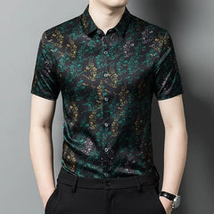 Men’s 100% Silk Floral-Pattern Short-Sleeve Slim Fit Luxury Shirt