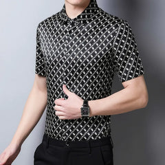 Men’s 100% Silk Geometric Black-and-white Pattern Causal Shirt