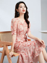 V Neck 100% Pink Floral Midi Dress Button Front Tie Waist Dress