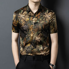 Men’s 100% Mulberry Silk Abstract Floral Print Designer Button-Up Shirt