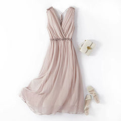 V-Neck Adjustable Straps Sleeveless Chiffon Silk Dress with Smocked Waist