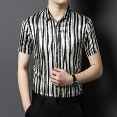 Men’s 100% Silk Black-white Striped Pattern Dress Shirt