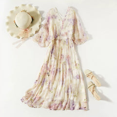 V-Neck 100% Mulberry Silk Floral Printed Beach Maxi Dress