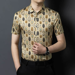 Men’s 100% Mulberry Silk Geometric Print Shirt Button-Up Silk Top