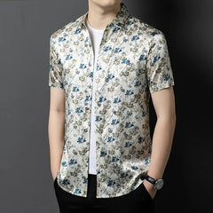 Summer Casual Men’s Floral Print 100% Silk Short-Sleeve Shirt