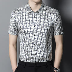 Modern Casual Men’s Geometric Print Silk Short-Sleeve Shirt Silk Top