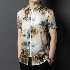 Men’s 100% Mulberry Silk Luxury Satin Button-Up Artistic Print Shirt