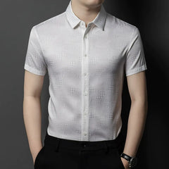Men’s 100% Silk Jacquard Short Sleeve Button-Up Collared Dress Shirt
