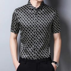 Men’s 100% Silk Geometric Black-and-white Pattern Causal Shirt