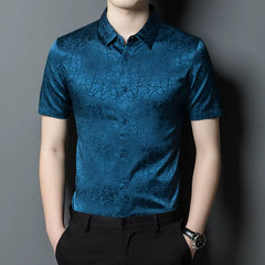 Men’s Cracked Texture  Short-Sleeve Silk Shirt Button Up Silk Top