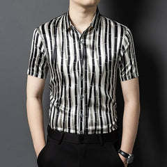 Men’s 100% Silk Black-white Striped Pattern Dress Shirt