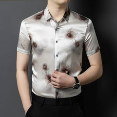 Luxury Men’s 100% Silk White Rose-Pattern Casual Shirt